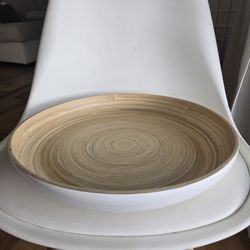 Large Bamboo/White Plastic Fruit/Shallow Serving Bowl - 15" Diameter x 2" High