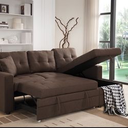 New Brown Or Grey Gray Your Choice Reversible Linen Sectional Sofa Bed Futon With Storage Pull Out 