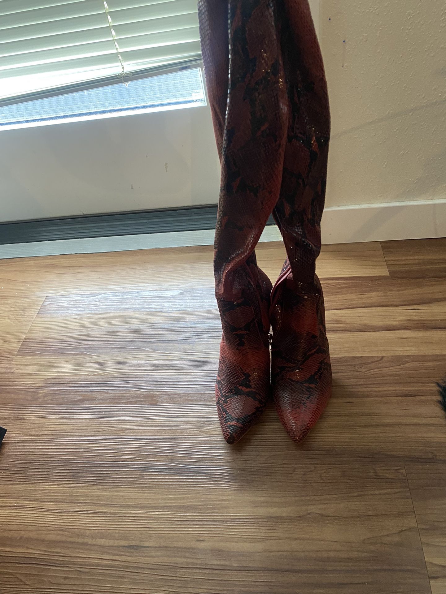 Thigh High Red Faux Snake Skin Pattern Boots Size 8