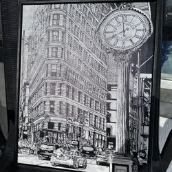 Framed NYC Street Sketch Wall Art – Fifth Avenue Clock – Modern Black Frame