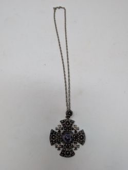 VTG Large Sterling Silver 950 Amethyst Crusader Jerusalem Cross Pendant Necklace