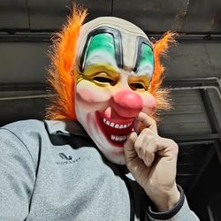 Halloween Clown Latex Mask With Red Nose, Hair, And Costume Head Cover.