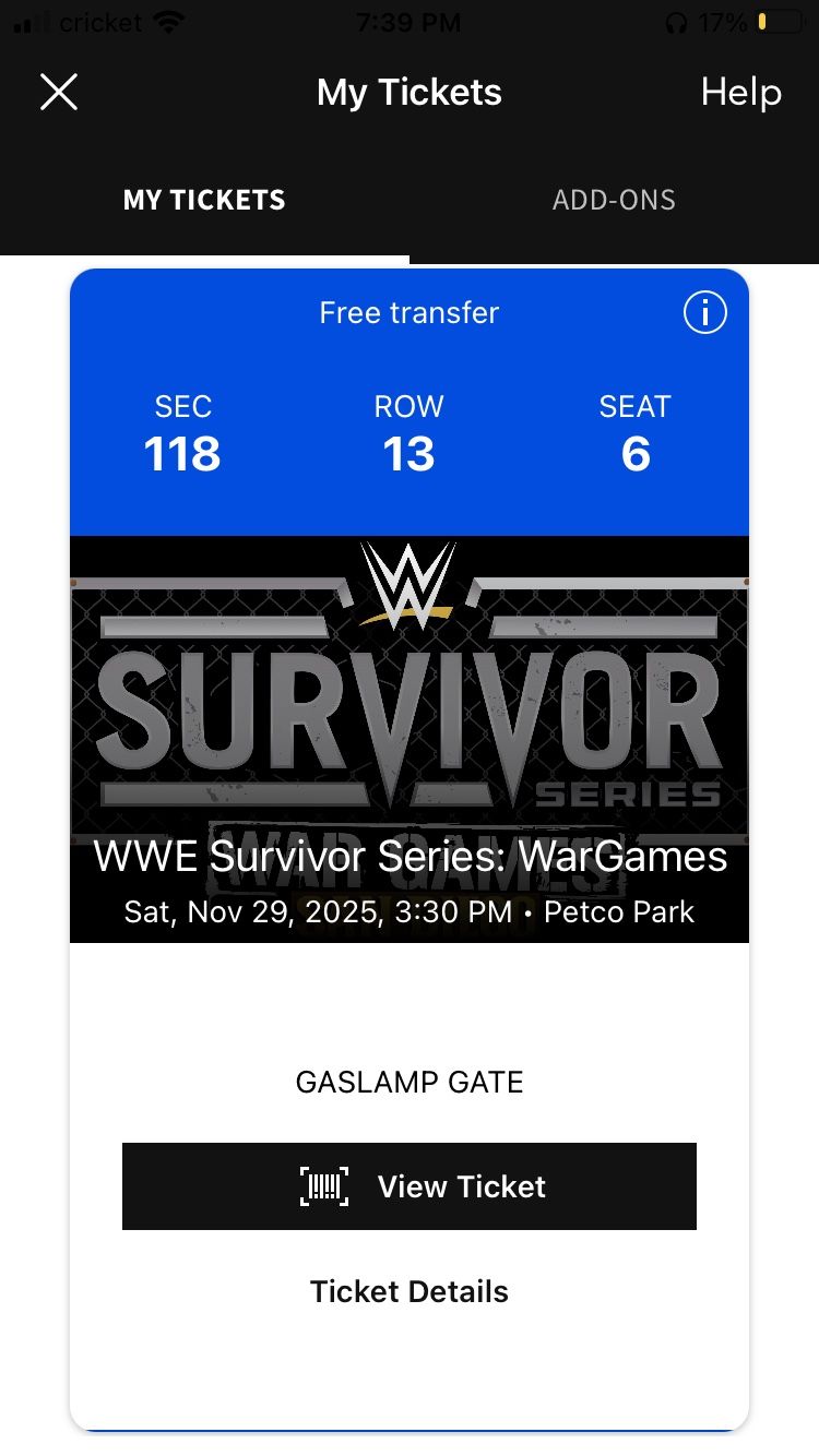 WWE Survivor Series War Games Petco Park Ticket