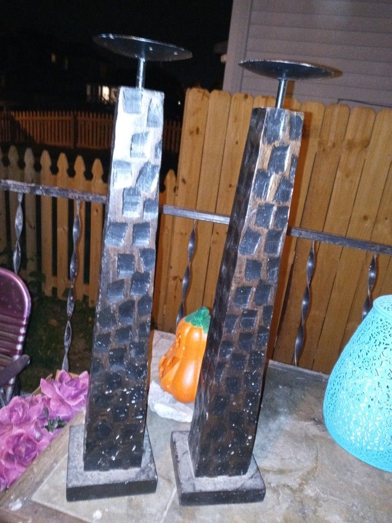 Tall Wood And Metal Candle Holders