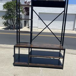 4 In 1 Coat Rack, Industrial Wooden Entryway Bench, Shoe Bench, And Storage Shelving