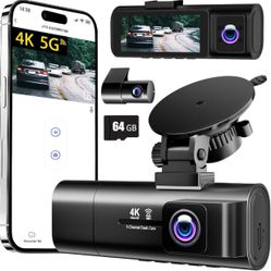 4K Dash Cam Front & Rear  IPS,3 Channel Dash Cam with 5G Wifi 64 Card Included