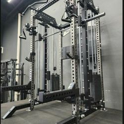 NEW Squat Rack Smith Machine Functional Trainer Cable Cross Over  Adjustable Bench Press 45lb Barbell Bumper Plates Home Gym 