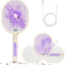 Foldable Electric Fly Swatter - Bug Zapper - Rechargeable Fly Zapper Racket Rotatable Handle Design with 3-Layer Safety Mesh Indoor Mosquito Killer & 