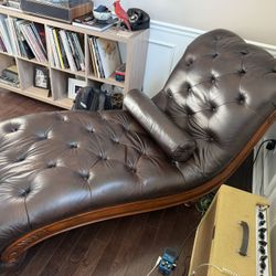 Brown Leather Tufted Chase Lounge with Carved Wood Frame