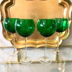 Vintage 9” H Emerald Green Balloon Wine Glasses - Set of 4