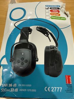 The SAFEBUILDER Bluetooth Hard Hat Ear Muffs (Model EM-C919B-E) New( open box) Distressed Box.