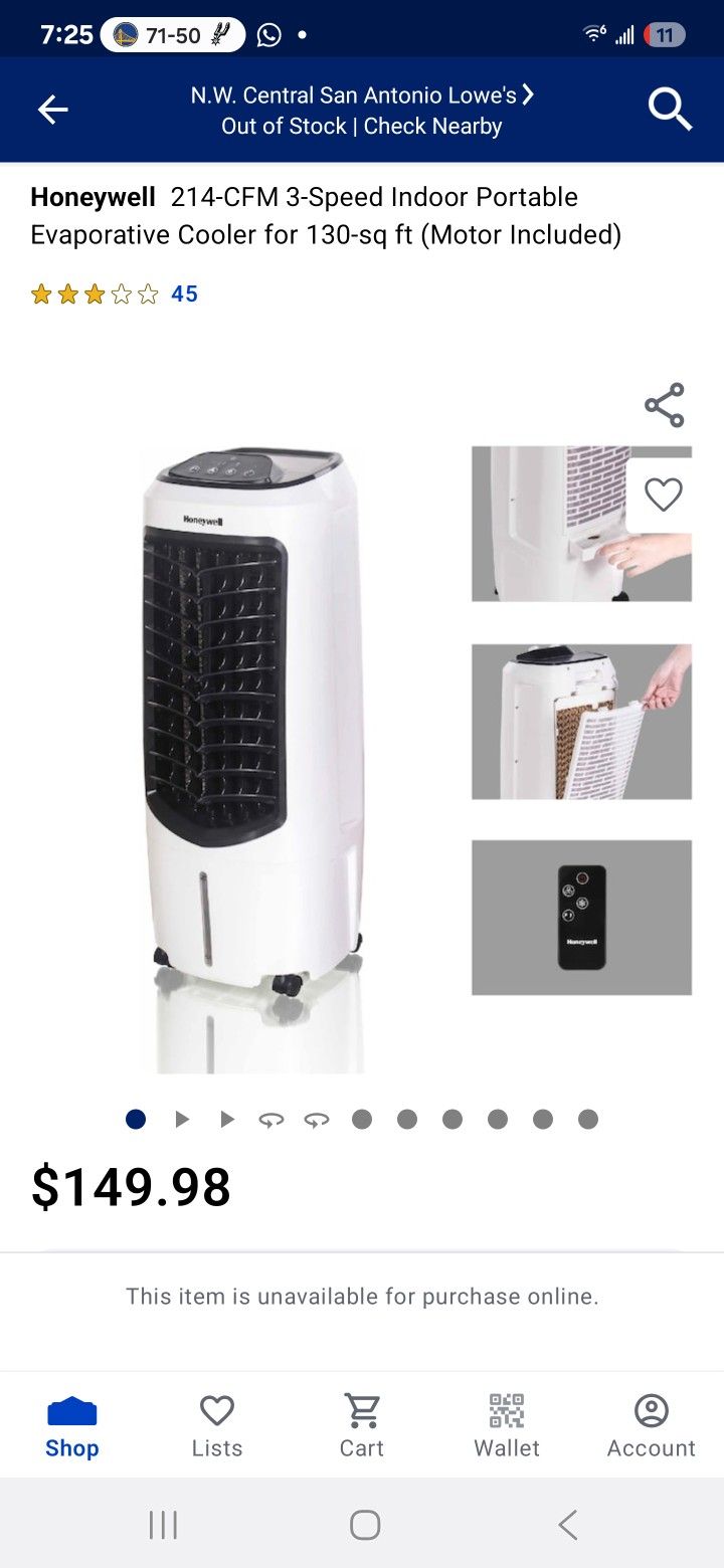 Honeywell Portable Evaporative Air Cooler Swamp Cooler