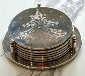 Christmas Tree "Noel" Silver-Plated Coaster Set with Holder (7-Piece) Vintage! Good condition!