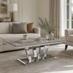 jajaplus Silver Coffee Table for Living Room, 48" Silver and Gray Rectangle Coffee Table with 4 Mirrored Geometric Bases, Luxury Rectangle Tea Table