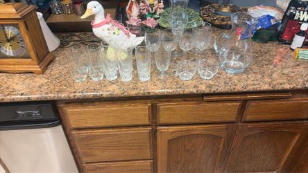 Crystal glasses, picture, sugar, and creamer, container, and ceramic duck