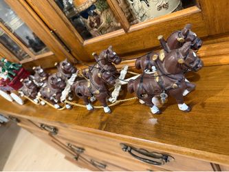 Vintage Clydesdale horse team pulling beer wagon cast iron