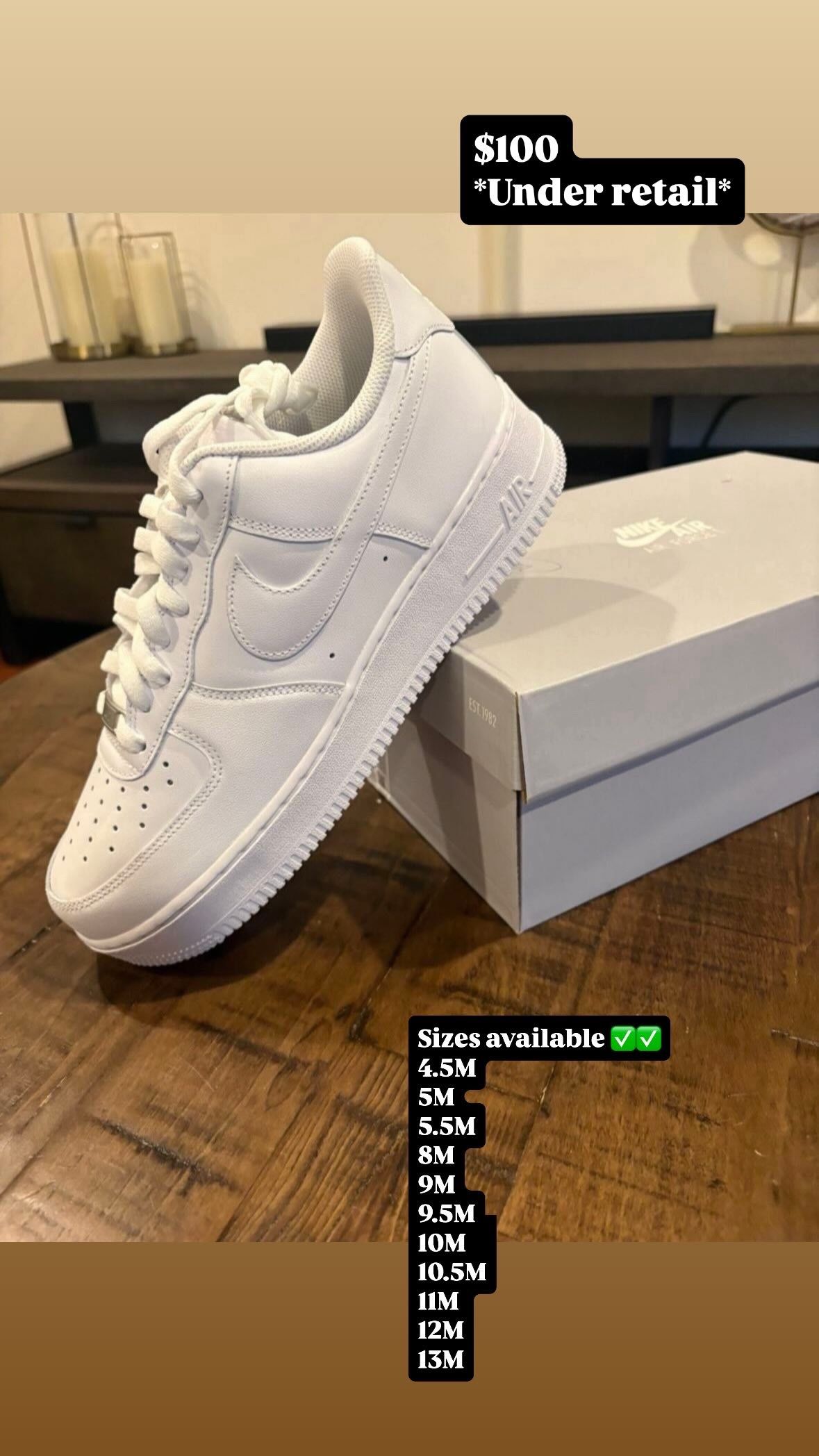 Air Force 1 White Sizes 4.5M 5M 5.5M 8M 9M 9.5M 10M 10.5M 11M 12M 13M