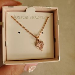 Rose Gold Necklace Adjustable Never Used Pink Heart Pendant Cubic Zirconia 