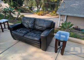 Modern Black Leather Living Room Set + Glass Tables