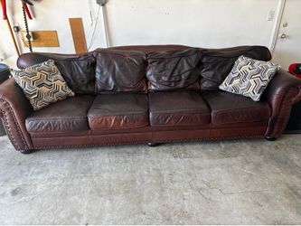 Free Large Brown Leather Sofa with Nailhead Trim