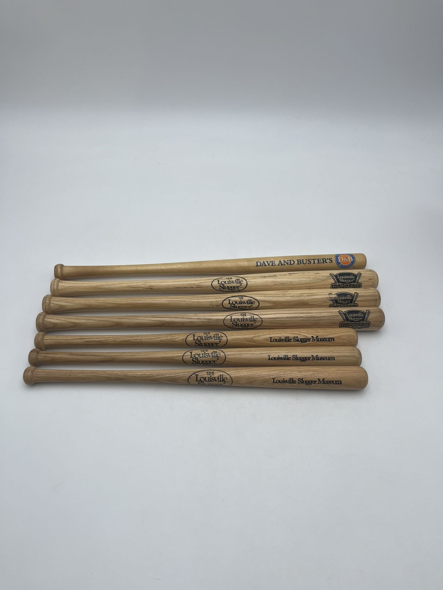 Lot Of 7 Louisville Slugger Museum Factory 16 18" Wooden Mini Baseball Bats & Dave and Busters Bat
