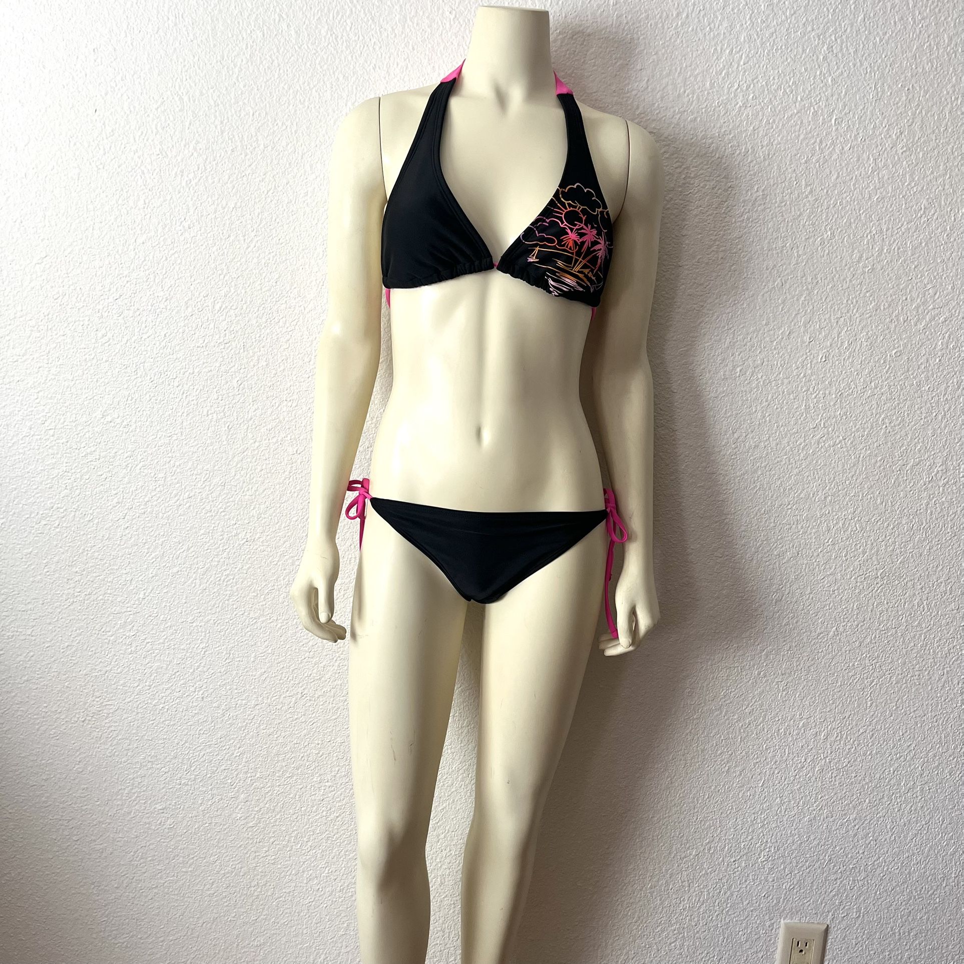 black 2 piece bikini set with pink accents and halter neck Women's size M