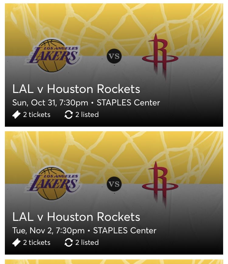 2 Tickets Lakers vs Houston Rockets Halloween Night 10/31 @ Staples Center Sec 115 Row 10