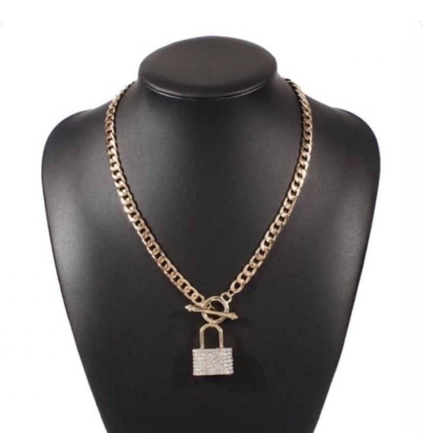 Gold Chain Necklace with Bling Padlock Pendant