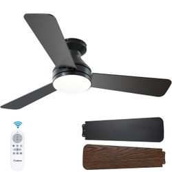 Amico Ceiling Fans with Lights, 42 inch Low Profile Ceiling Fan with Light and Remote Control, Flush Mount, Reversible, 3CCT, Dimmable, Noiseless, Bla