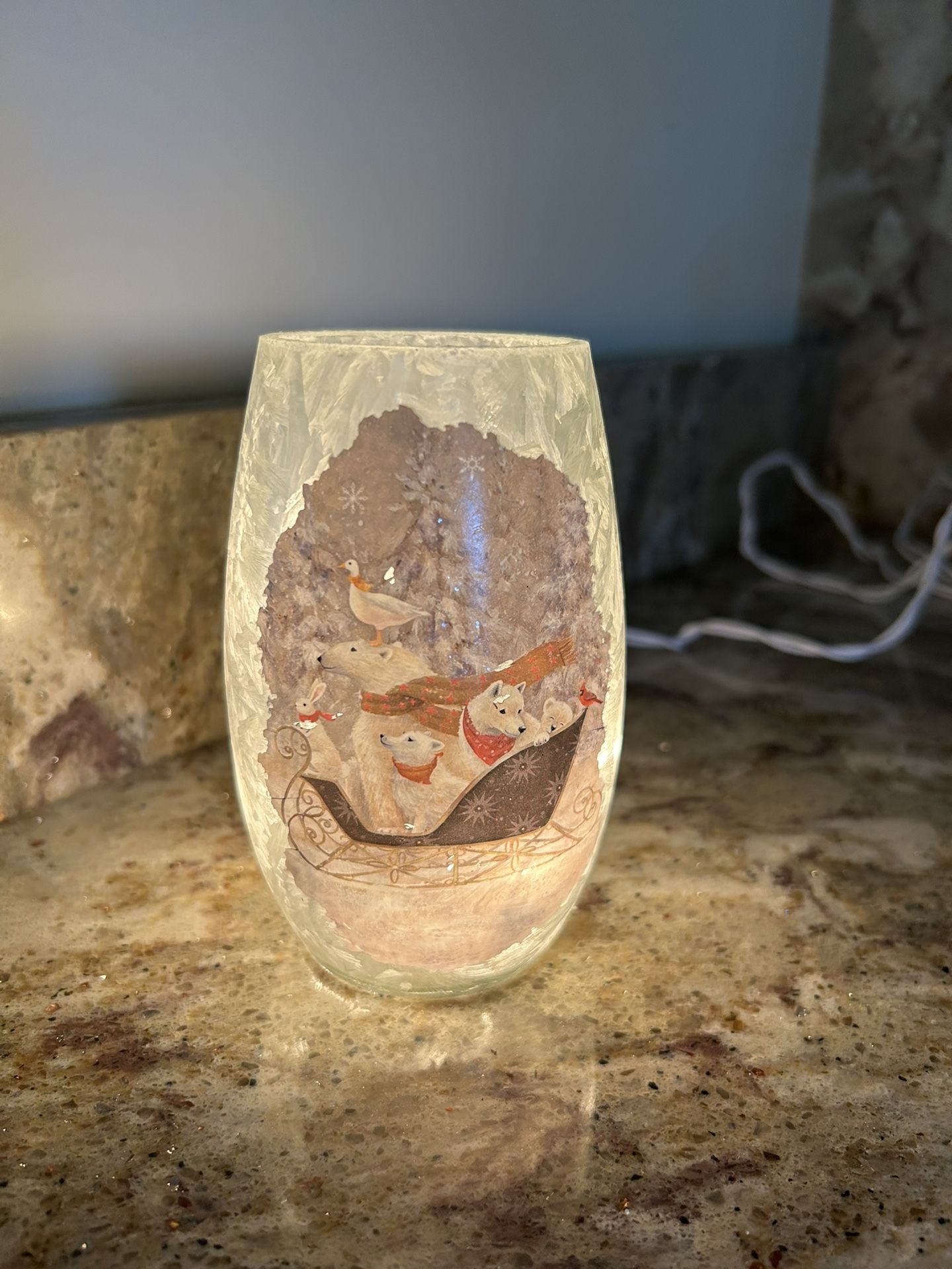 White string lights in a Christmas Decoration glass bowl.