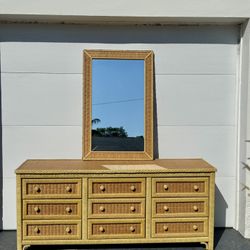Henry Link Wicker Dresser with 9 Drawers & Mirror - Vintage Wrapped Rattan Coastal Boho Chic Furniture