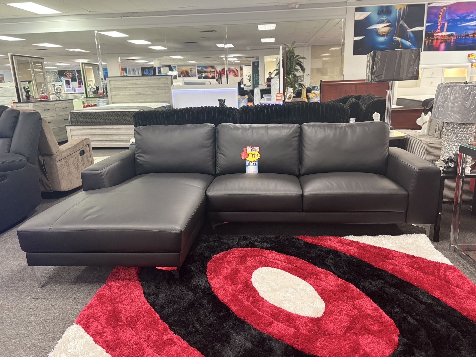 L-shaped Black Real Leather Sectional Sofa For Sale (new)