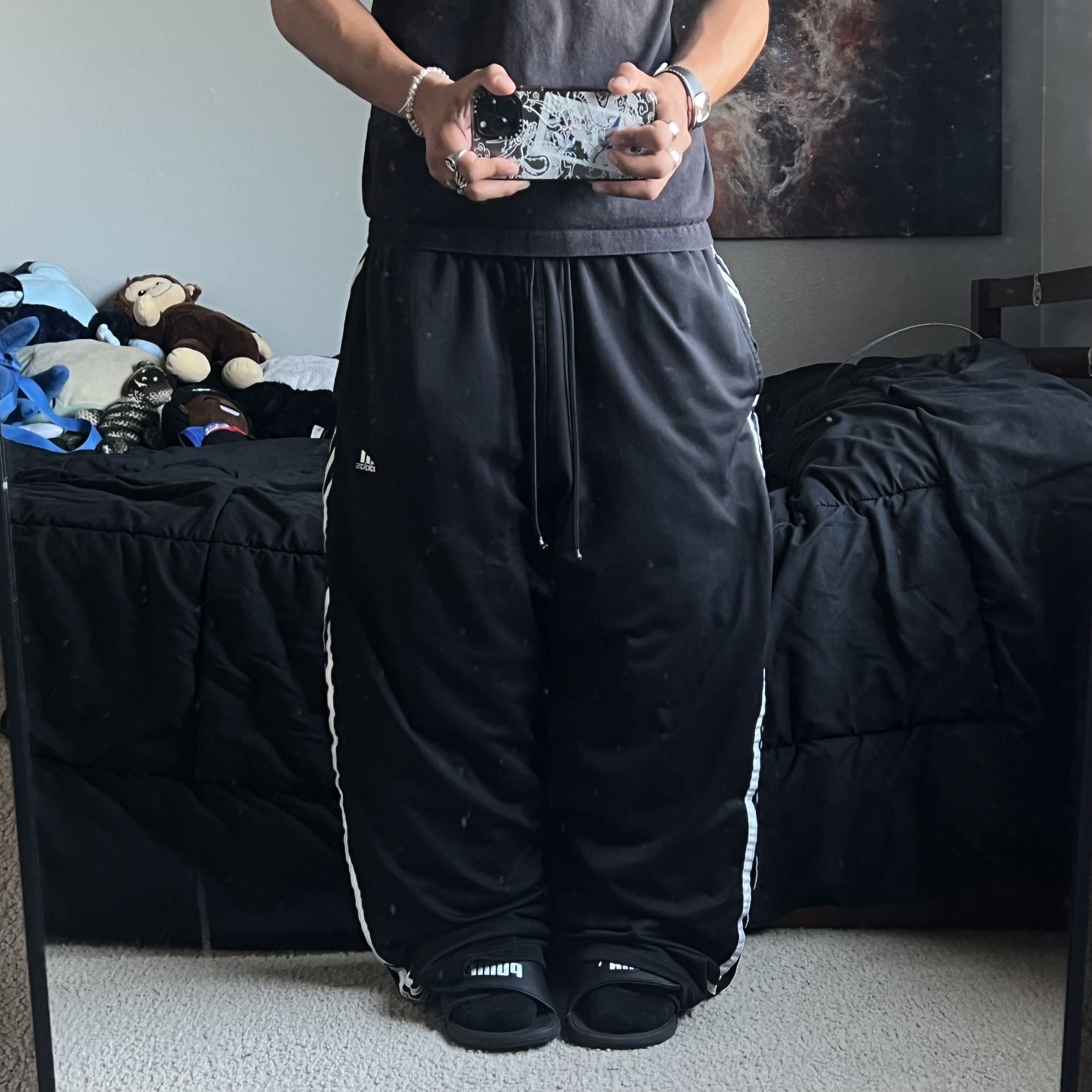 vintage cyber y2k grunge baggy wide leg black striped adidas track pants