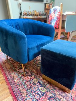 Beautiful Royal Blue Velour Accent Chair W Ottoman