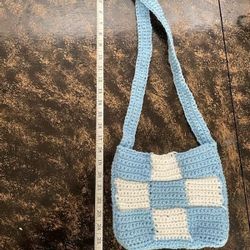 Handmade crochet Blue /white checkered bag