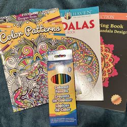 3 Brand New Coloring Books And New Set Of Colored Pencils 