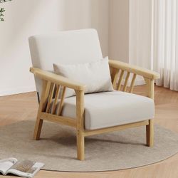 Solid Wood Accent Chair Mid-Century Modern Lounge Armchairs, Fabric Upholstered Soft Comfy Living Room Chairs with Armrest Waist Cushion Pillow