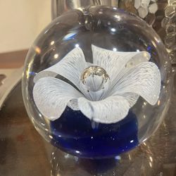 Vintage Art Glass Paperweight White Lace Petals Blown Glass Blue Smooth Bottom Possibly Murano