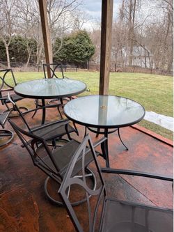 Patio glass tables - 2 tables 40” and 1 table 50” + 8  chairs + cushions