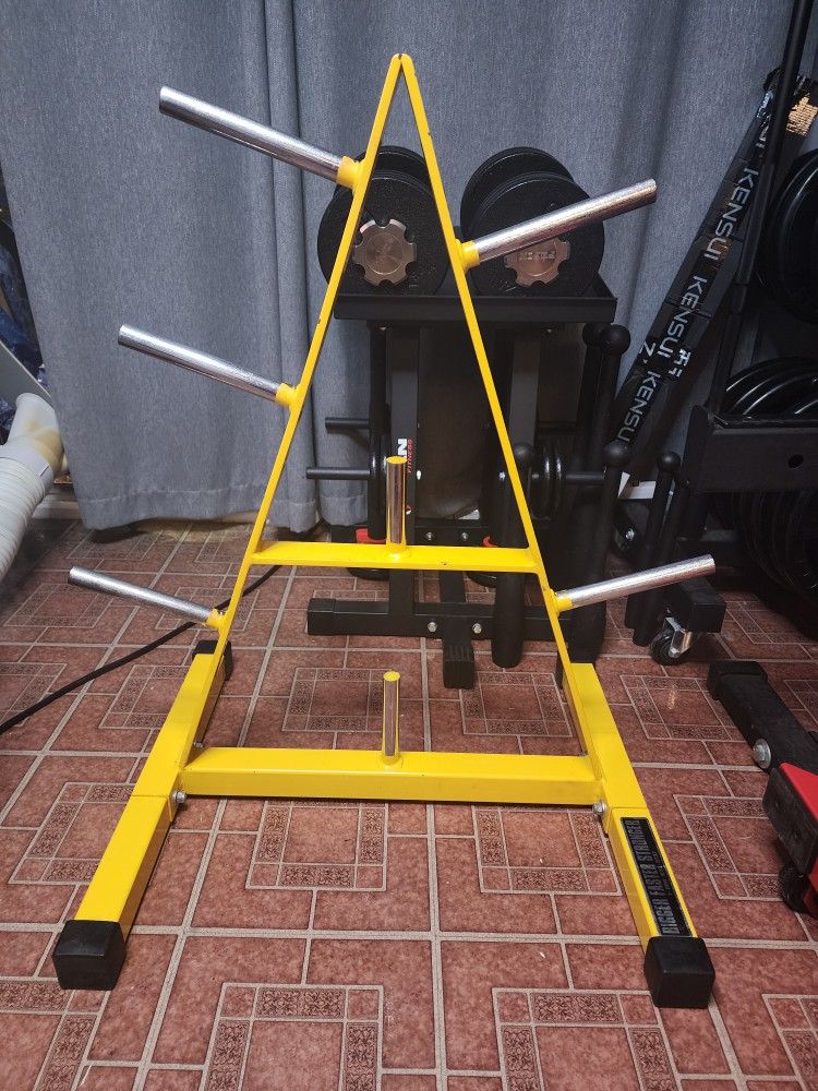 FOR SALE or TRADE:
Heavy Commercial Gym Standard A-Frame Plate Tree – Yellow - Built like a tank. NOT your flimsy Amazon special.