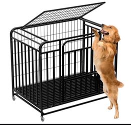 43’’ Indestructible Extra Large Dog Crate Double Door, Escape-Proof Easy Clean Heavy Duty Dog Crate for Anxiety Dogs, Lockable Wheels Dog Kennel for L
