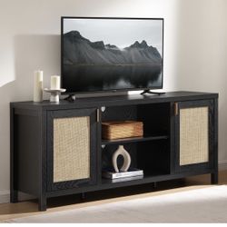 TV Stand for 65 Inch TVs, Boho TV Consoles Cabinet with Power Outlet, Modern Entertainment Center for Living Room, Media Console with Doors and Shelve