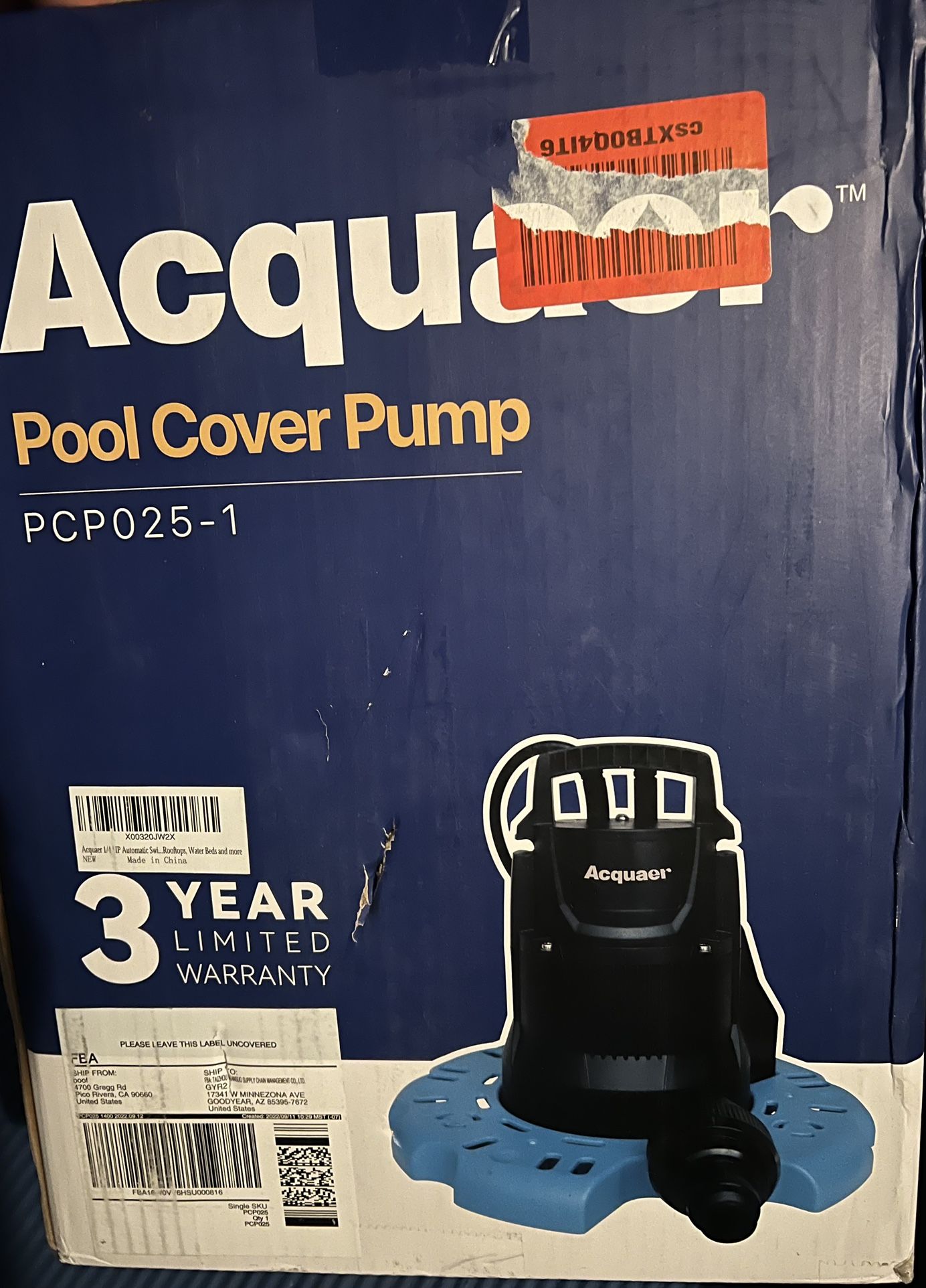 Acquaer 1/4 HP Automatic Swimming Pool Cover Pump, 115 V Submersible Pump with 3/4” Check Valve Adapter & 25ft Power Cord, 2250 GPH Water Removal for 