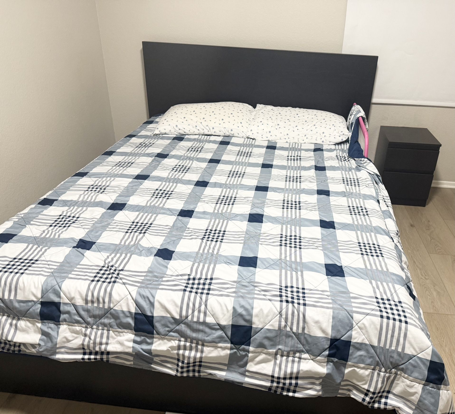IKEA Malm Queen Bed Frame With Bed Slats And Matching Nightstand