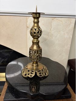 Vintage solid brass pillar candleholder 11”