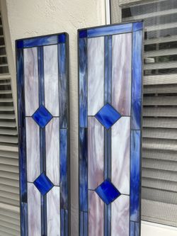 Vintage Pair 2 Tiffany Style Blue Purple Stained Glass Panels  Nouveau Large 70” Tall Art Glass Handcrafted 
