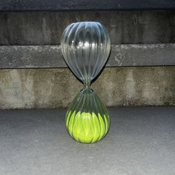swirl glass hourglass with vibrant green sand, 8” tall