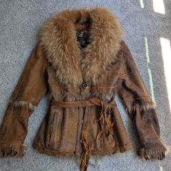 Genuine Leather jacket with detachable fox collar L