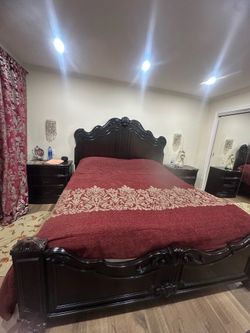 King size wooden bedroom set with 2 night stands, cabinet with mirror, bed cover, curtains