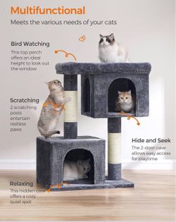 Cat Tree, 40.6-Inch Tall Cat Tower, Cute Plush Condo, Smoky Gray for Adult Cats up to 44 lb, with 2 Sisal Scratching Posts, Large Perch, 2 Spacious Ca